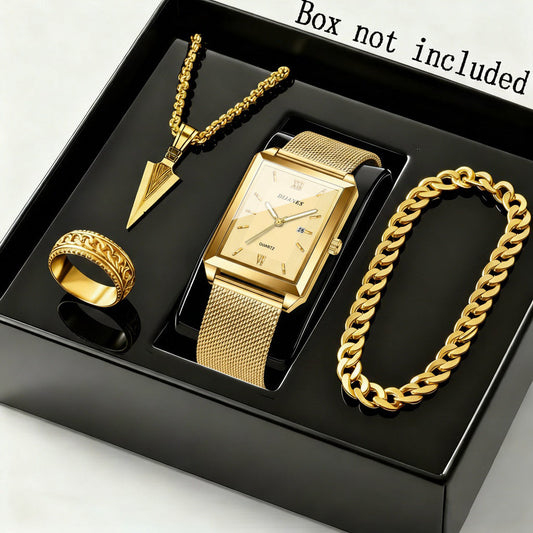 4pcs Men's Fashion Quartz Watch & Jewelry Set – Stainless Steel Strap Date Display Watch with Necklace Bracelet Ring, Business Casual Elegant Gift Set for Men in Gold Silver Black