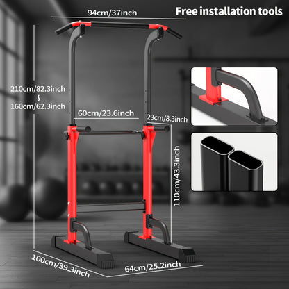 Adjustable Height Power Tower Dip Station – Multi-Function Pull Up Bar, Strength Training Workout Station for Home Gym – Black T055KX, No Backrest & Red T055CDU Models