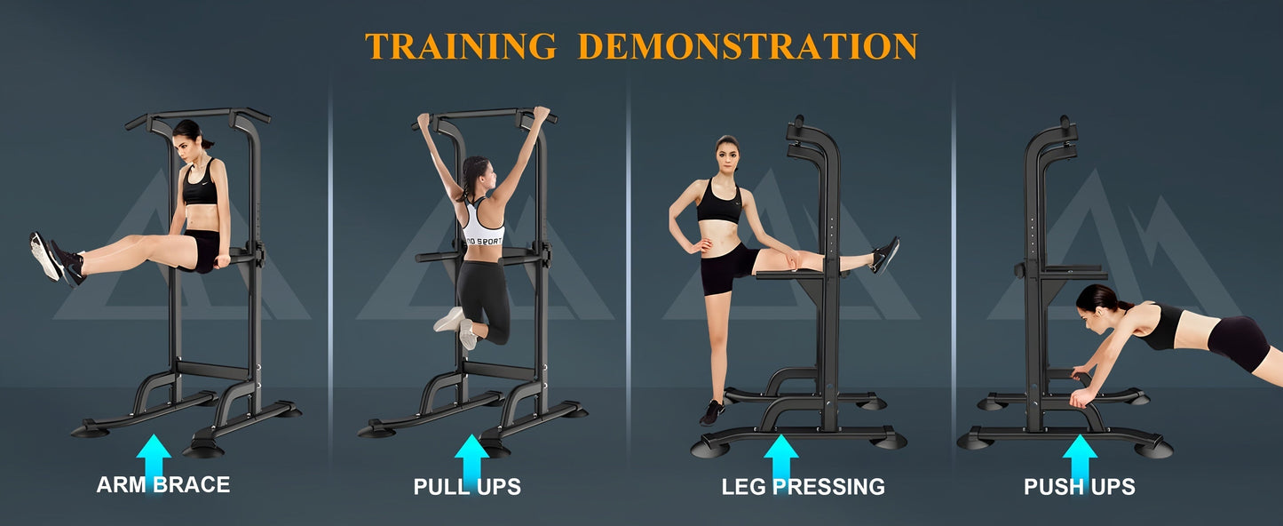Adjustable Power Tower Dip Station Pull Up Bar for Home Gym 10 Height Levels 65-82.7 Inch 330LBS Capacity 6 Exercise Positions Full Body Strength Training Black Red Yellow Blue Pink Orange