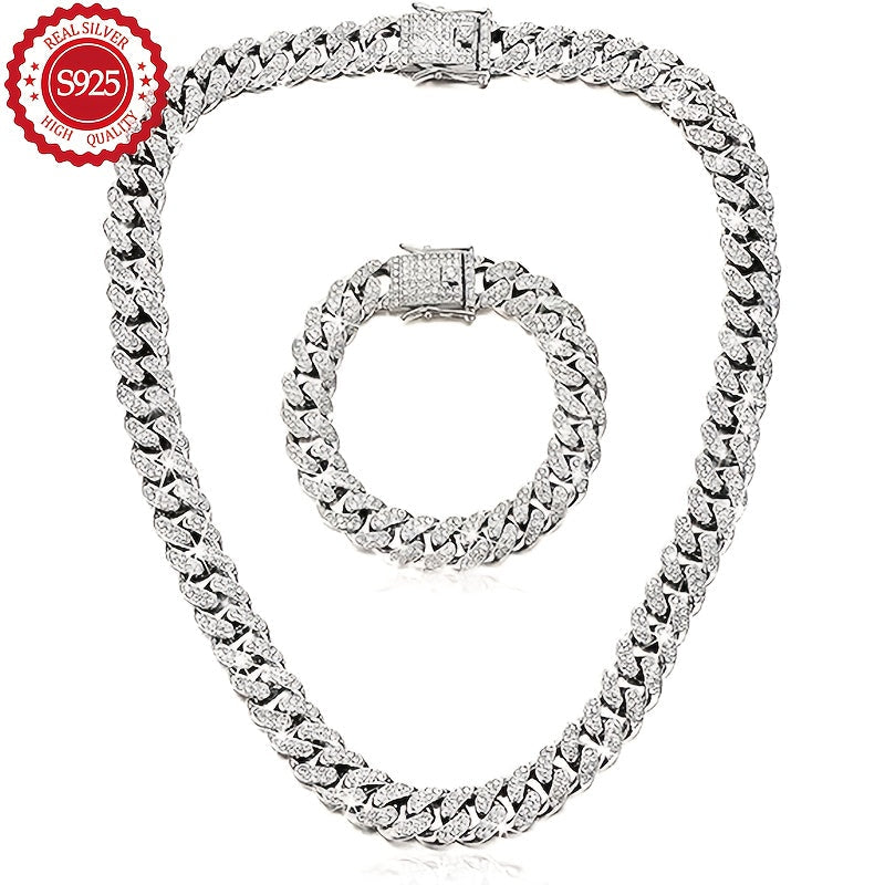 925 Sterling Silver Cuban Chain Necklace and Bracelet Set for Women 2 Piece Silver Cuba Link Jewelry Set Elegant Lightweight 11.89g Holiday Christmas Birthday Anniversary Gift