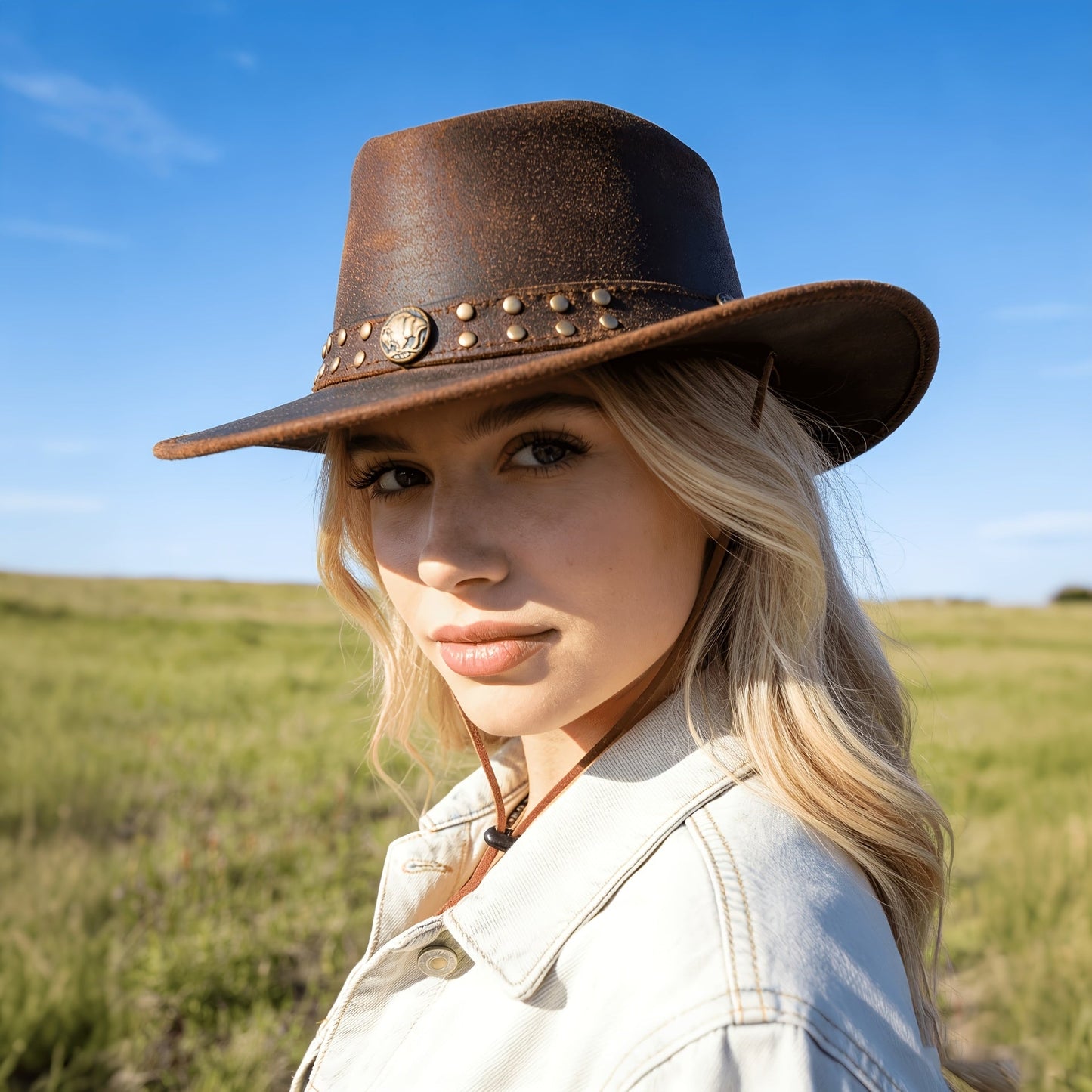 Genuine Leather Cowboy Hat for Men and Women Western Australian Wide Brim Shapeable UV Protection Vintage Brown Hat with Chin Cord Sizes S to 3XL