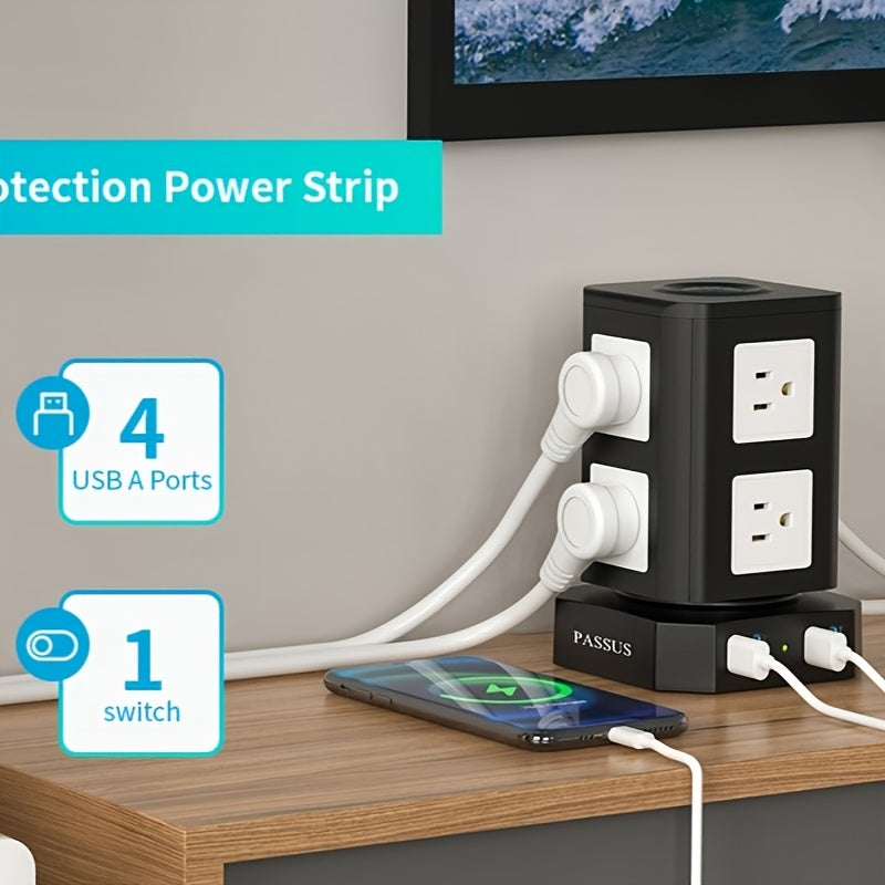 Tower Surge Protector Power Strip 12 AC Outlets 5 USB Ports PD 18W USB-C Fast Charging 10FT Extension Cord 1800J Surge Protection 4 Switches for Home Office Desk Dorm Room – Space-Saving Vertical Design