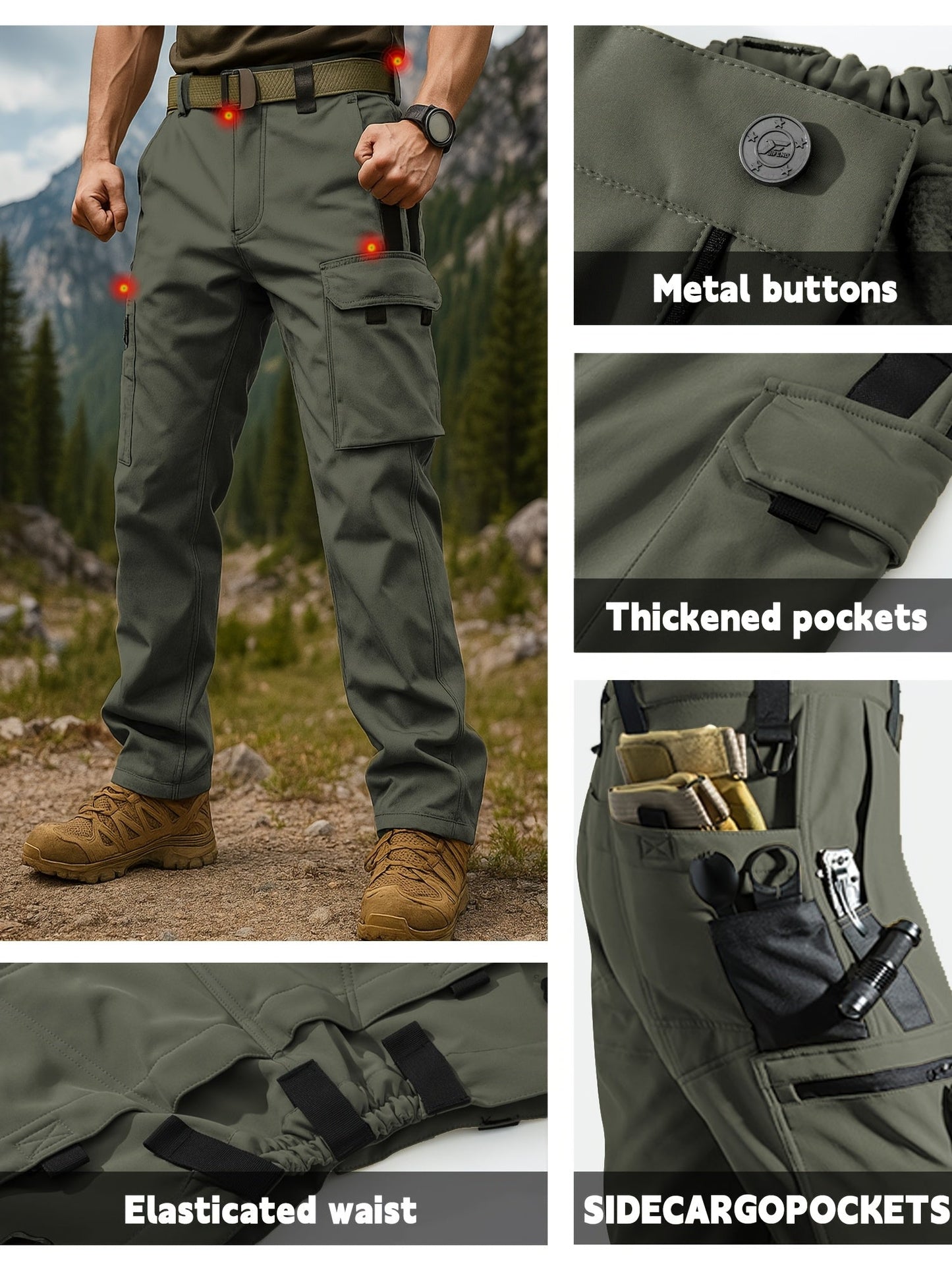 Men's Tactical Winter Pants Heavy-Duty Thickened Insulated Work Pants, 300g/m² 100% Polyester MOLLE System Multi-Pocket Baggy Snow Pants for Hiking Hunting Construction Outdoor
