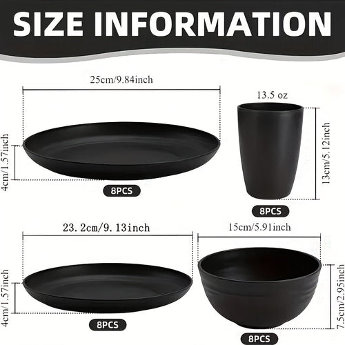 Black Wheat Straw Tableware Set – 16/32 Piece Unbreakable Eco-Friendly Plates Dessert Plates Bowls & Cups for 4-8 People, Outdoor Camping Party Wedding Halloween Kitchen Accessories