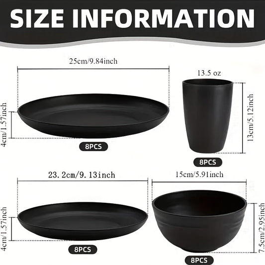 Black Wheat Straw Tableware Set – 16/32 Piece Unbreakable Eco-Friendly Plates Dessert Plates Bowls & Cups for 4-8 People, Outdoor Camping Party Wedding Halloween Kitchen Accessories