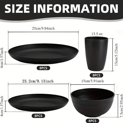 Black Wheat Straw Tableware Set – 16/32 Piece Unbreakable Eco-Friendly Plates Dessert Plates Bowls & Cups for 4-8 People, Outdoor Camping Party Wedding Halloween Kitchen Accessories