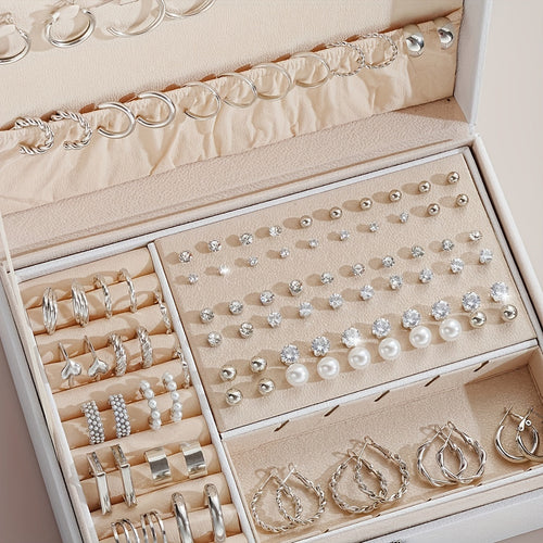 102-Piece Women's Earrings Set - Elegant Imitation Pearl Rhinestone Hoop Ear Cuffs Heart & Geometry Studs, Stainless Steel Hypoallergenic Fashion Jewelry for Daily Wear Parties Dates & Gifts