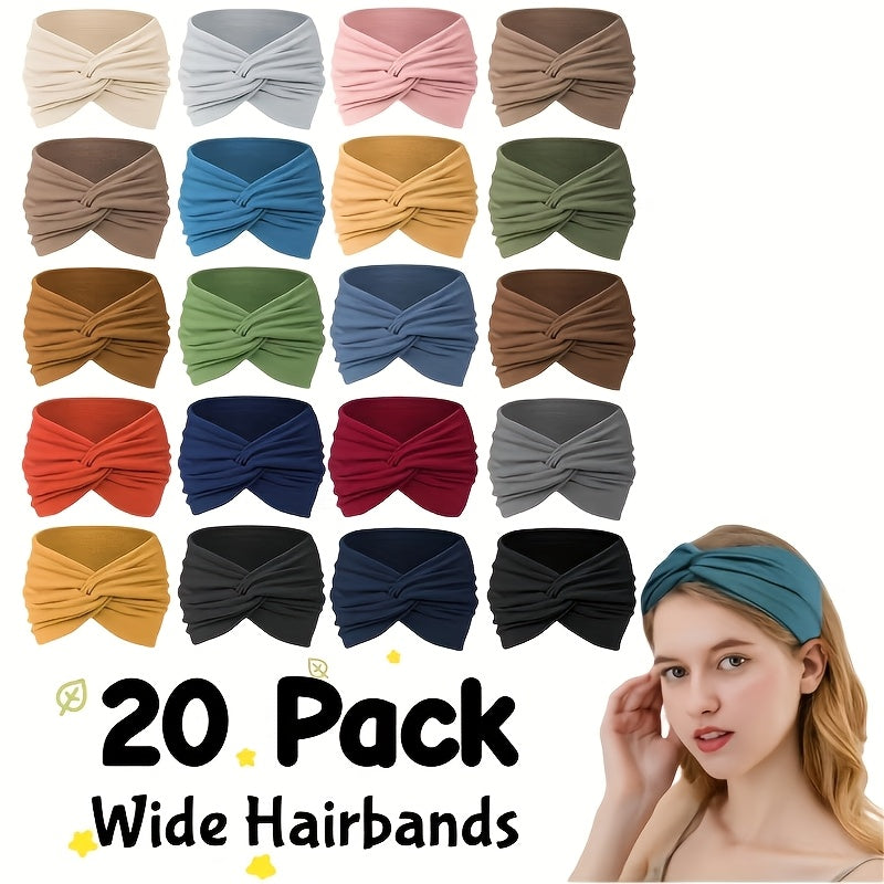 20 Pcs Wide Sports Headband Set for Women Elastic Absorbent Boho Solid Color Knit Yoga Headbands for Fitness Running Cycling Basketball Everyday Hair Accessories Bulk Gift Set