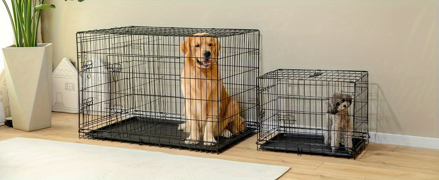 Folding Metal Wire Dog Crate Double Door with Divider Panel Leak-Proof Pan Tray Pet Kennel Indoor Outdoor Travel Small Medium Large XL Dogs 4 Sizes