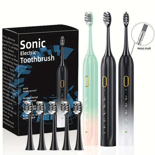 Sonic Electric Toothbrush IPX8 Waterproof USB Rechargeable with 5 Replacement Brush Heads Smart Timer Metal Shaft for Adults Men Women Couple Style Rechargeable Oral Care