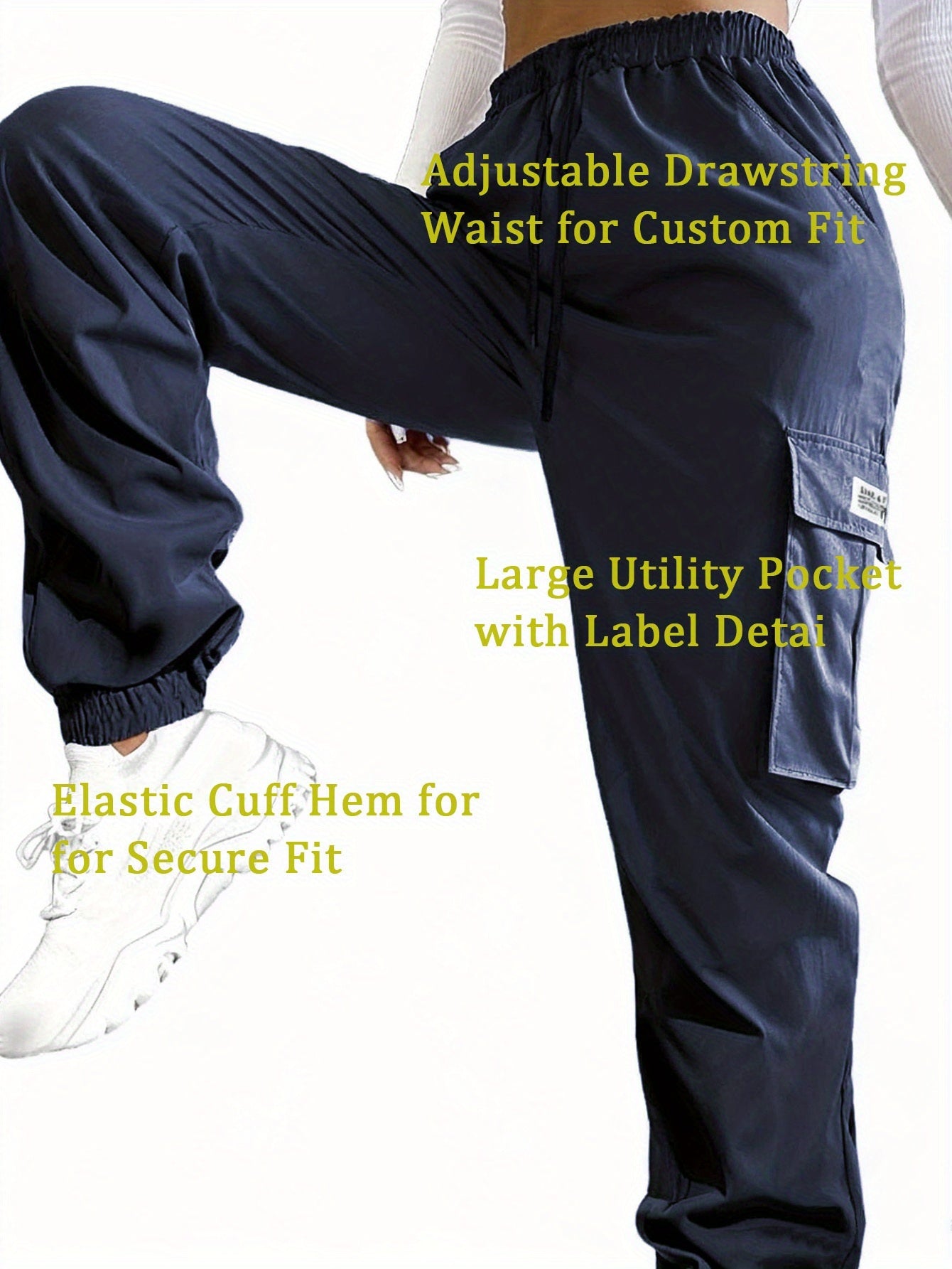 Women's Cargo Pants with Zippered Pockets – Elastic Drawstring Waist Large Pocket Casual Outdoor Trousers Black Grey Green Blue XS-XXL