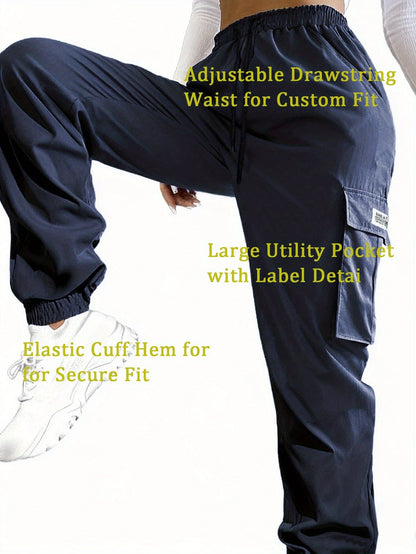 Women's Cargo Pants with Zippered Pockets – Elastic Drawstring Waist Large Pocket Casual Outdoor Trousers Black Grey Green Blue XS-XXL