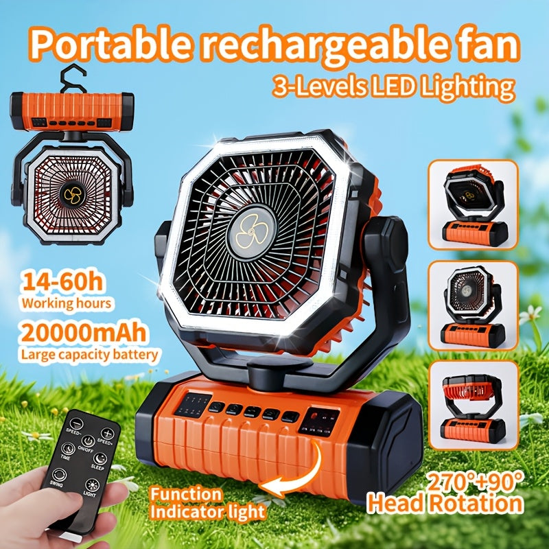 20000mAh Portable Camping Fan with LED Light – USB Rechargeable Outdoor Tent Fan for Hiking, Fishing & Camping – Durable Compact Design with Handle, Green & Orange
