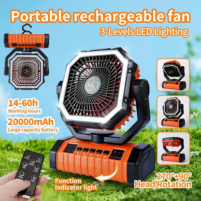 20000mAh Portable Camping Fan with LED Light – USB Rechargeable Outdoor Tent Fan for Hiking, Fishing & Camping – Durable Compact Design with Handle, Green & Orange