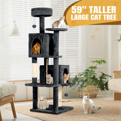 59" Multi-Level Cat Tower for Indoor Cats – Large Cat Tree with Plush Resting Area, Sisal Scratching Post & Hanging Ball Toy – Ideal for Bedroom, Living Room & Multi-Cat Households – Velora