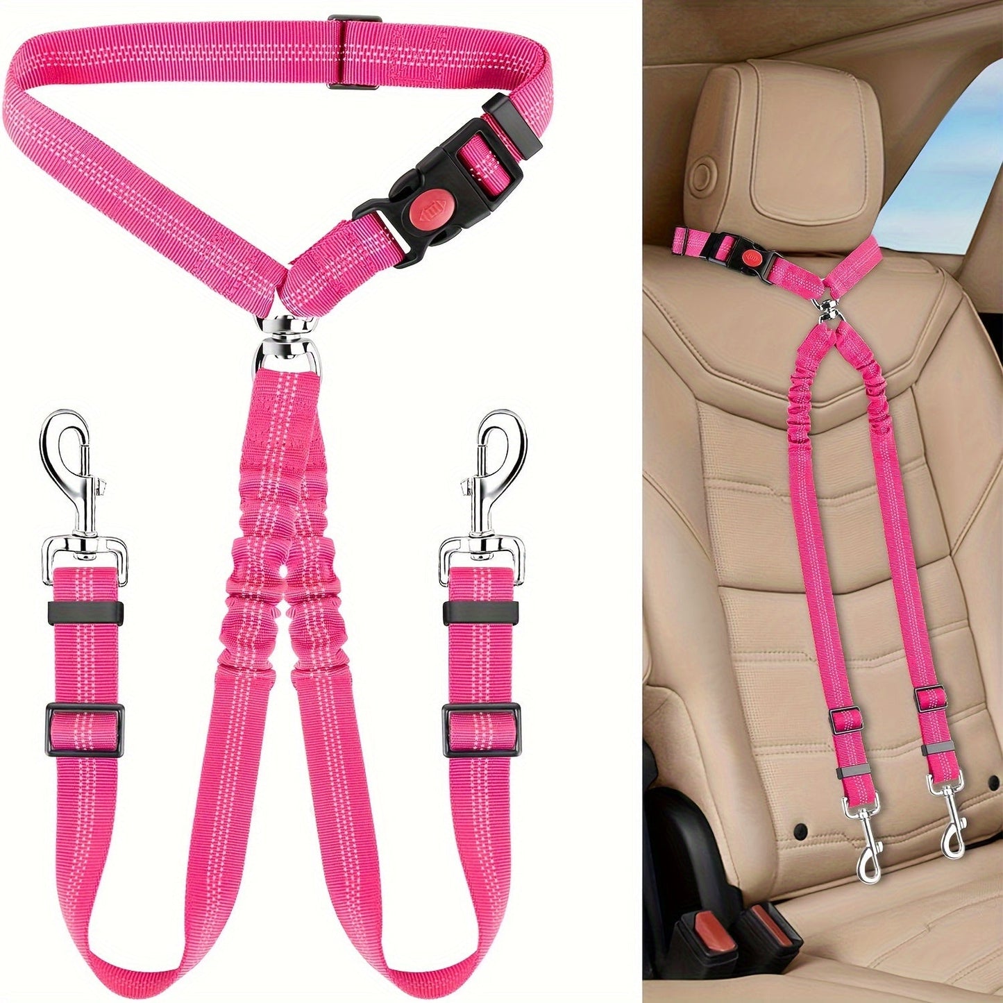 Dual Dog Car Seat Belt for 2 Dogs No-Tangle Headrest Restraint Adjustable Bungee Pet Safety Harness for Small Medium Large Dogs Car Travel