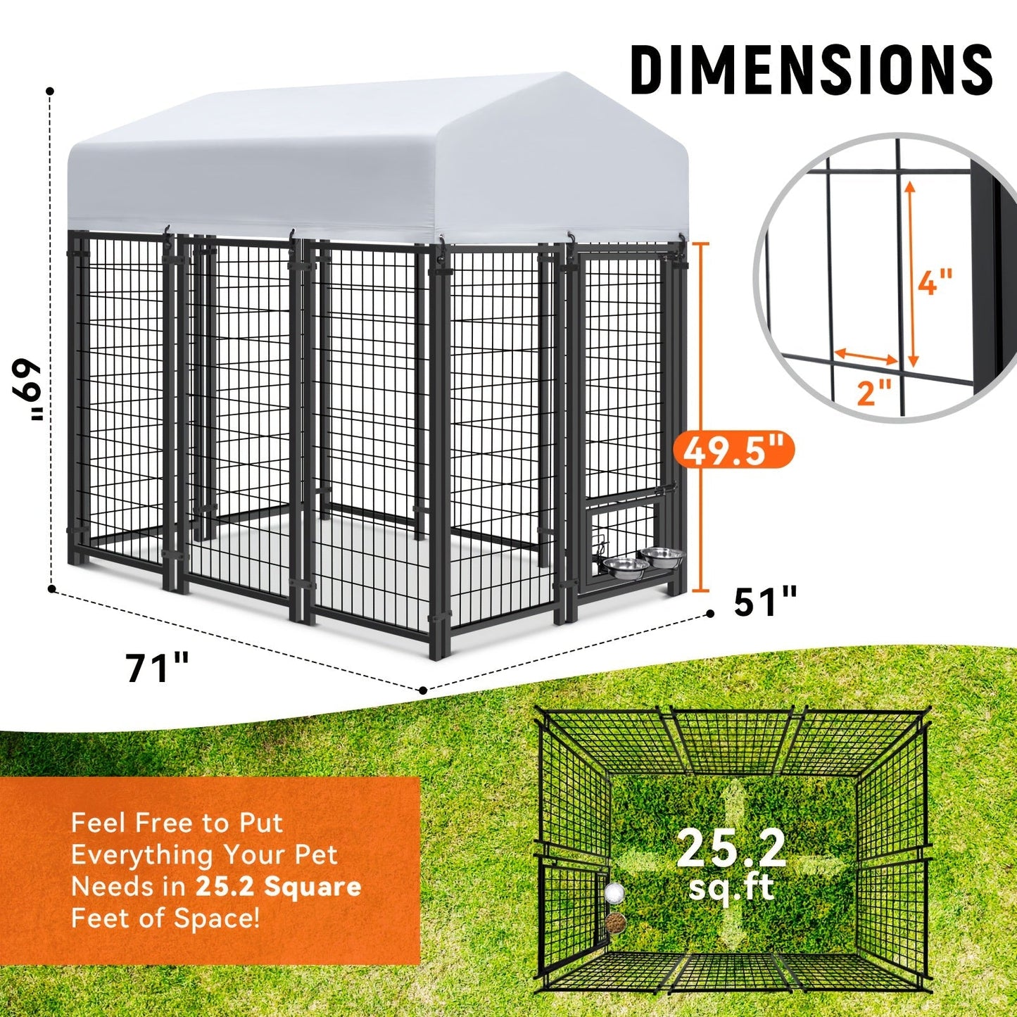 Large Dog Enclosure Outdoor Heavy Duty Welded Wire Steel Dog Playpen with UV-Resistant Roof Cover, Secure Lock Pet Pen Fence for Big Dogs Outside Exercise Play Area