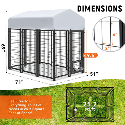 Large Dog Enclosure Outdoor Heavy Duty Welded Wire Steel Dog Playpen with UV-Resistant Roof Cover, Secure Lock Pet Pen Fence for Big Dogs Outside Exercise Play Area