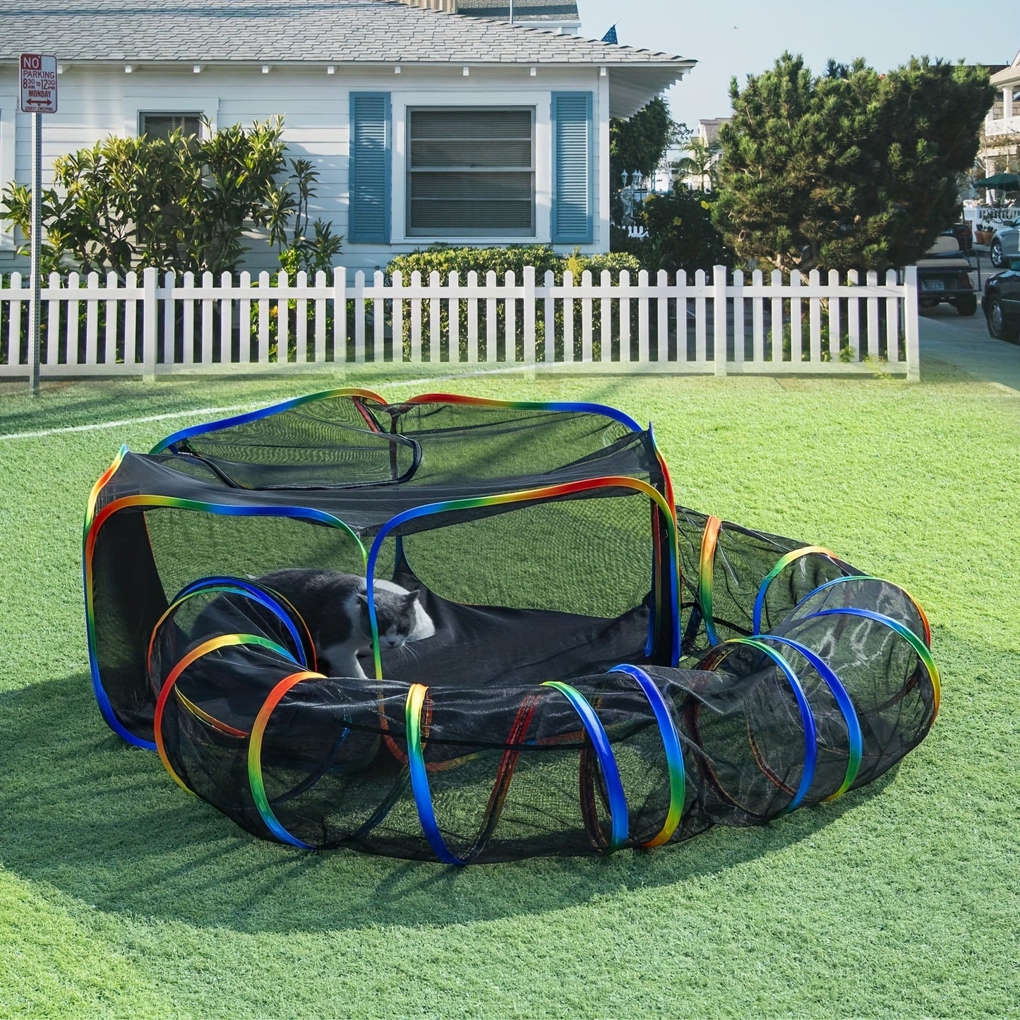 Rainbow Cat Playpen Outdoor Cat Enclosure with Circle Tunnel and Portable Pop-Up Tent, Foldable Cat Playground for Cats Kittens and Small Animals Indoor Outdoor Use