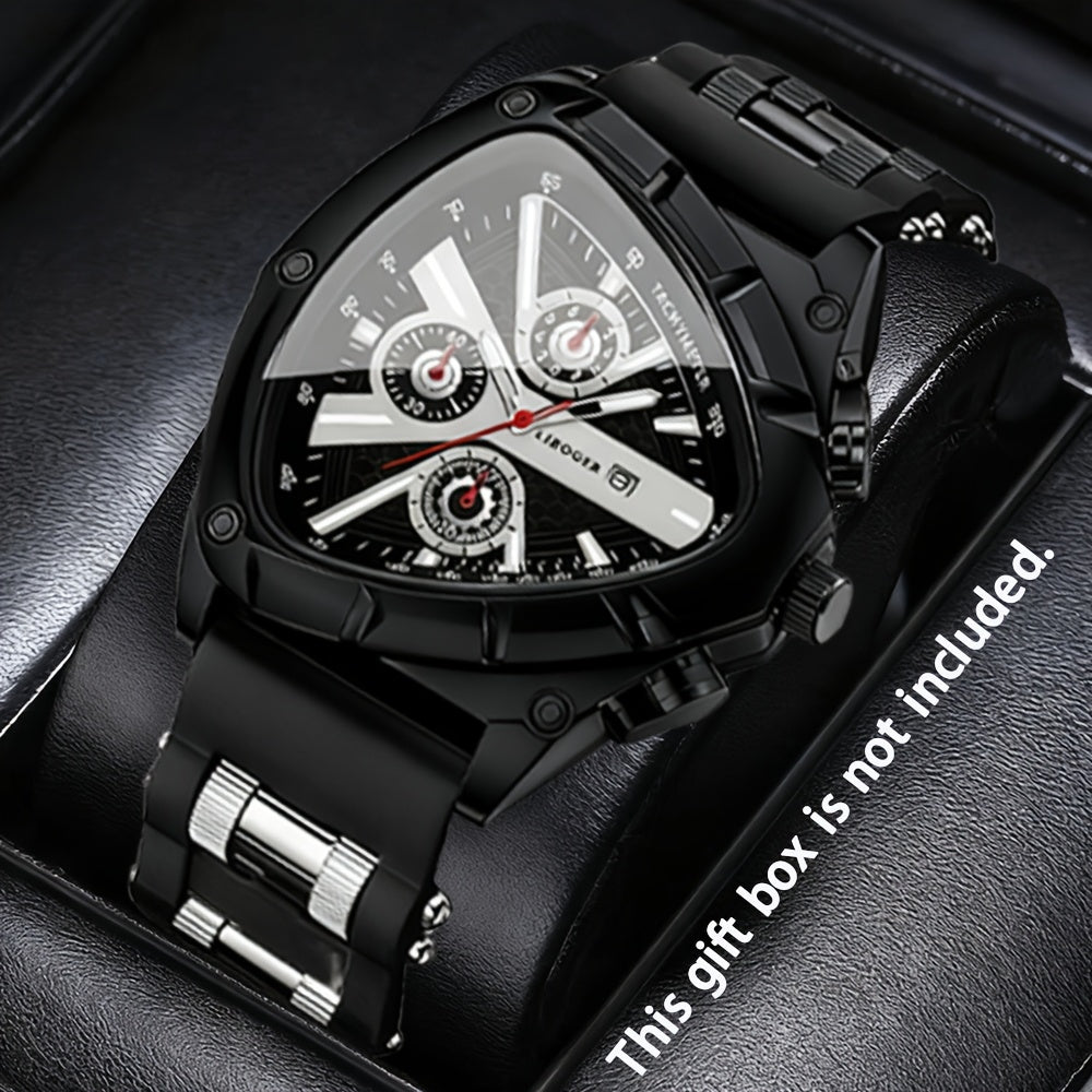 3pcs Men's Quartz Watch Set – Silicone Strap Date Display Triangular Dial, Fashion Sport Casual Wrist Watches for Men, Ideal Birthday Anniversary Gift Set