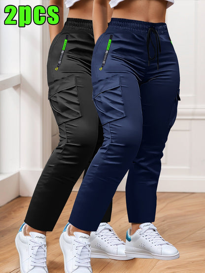 Women's Cargo Pants 2-Pack Multi-Pocket Slim Fit Straight Leg – Drawstring Waist Zip Pockets Casual Trousers for Outdoor Work Everyday Wear XS-XXL