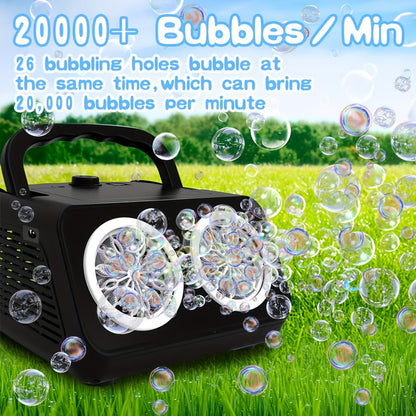 Automatic Bubble Machine Upgraded Thickened 2-Fan Design 20000 Plus Bubbles Per Minute Plugin or Battery Powered Portable Indoor Outdoor Bubble Blower for Birthday Party Wedding Kids White Black