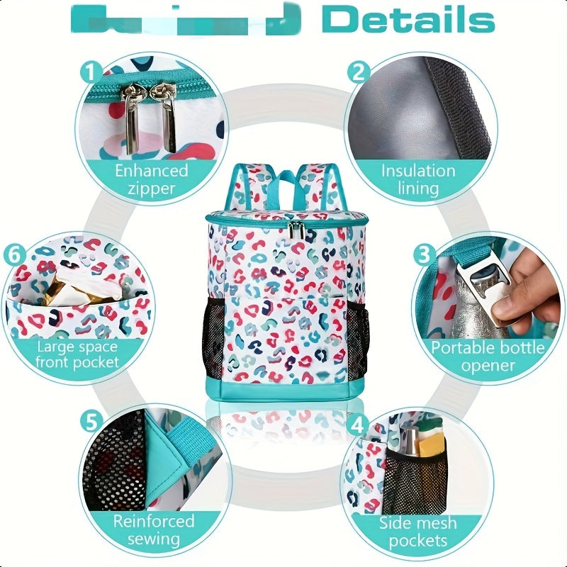 Insulated Cooler Backpack 30 Can Leopard Print with Mesh Pockets & Adjustable Straps - Leakproof Nylon Cooler Bag for Beach Camping Picnic Hiking Travel Daily Use