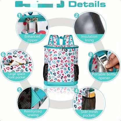 Insulated Cooler Backpack 30 Can Leopard Print with Mesh Pockets & Adjustable Straps - Leakproof Nylon Cooler Bag for Beach Camping Picnic Hiking Travel Daily Use