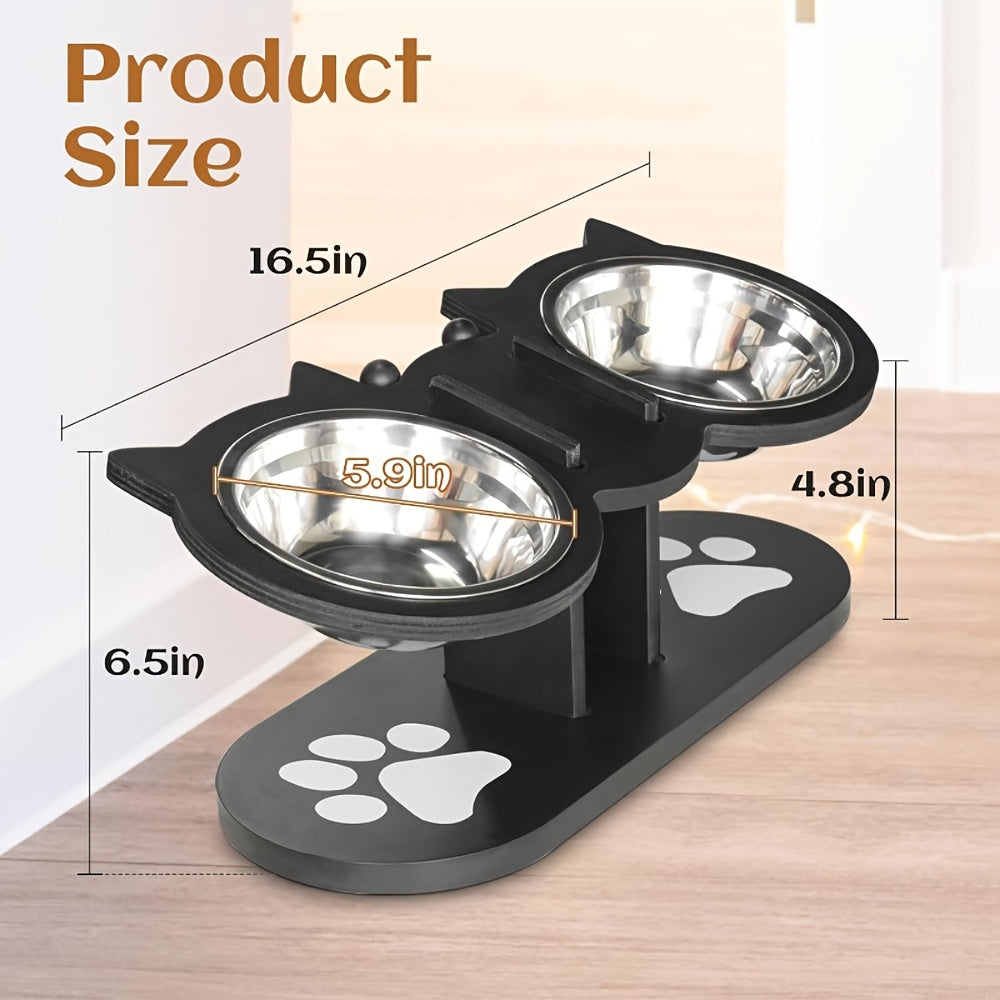 Elevated Cat Bowl Stand with 15° Tilted Stainless Steel Bowls – Adjustable Raised Feeder for Cats & Small Dogs, Anti-Spill Black Wooden Base, Set of 2 or 3 Bowls for Food and Water