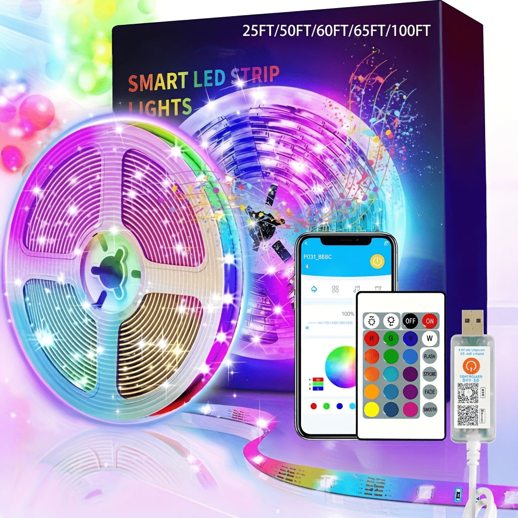 RGB LED Strip Lights Music Sync, 25FT 50FT 60FT 65FT 100FT Color Changing LED Lights with Remote & Smart APP Control, USB Powered, Bedroom Gaming Room Party Halloween Christmas Home Decoration