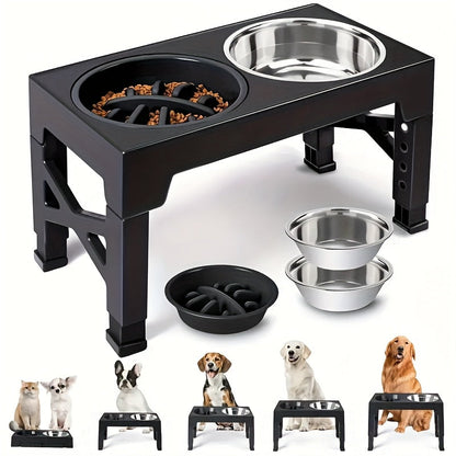Height Adjustable Dog Bowl Stand with Slow Feeder & Stainless Steel Bowl – 5-Level Foldable Elevated Dog Food Bowl for Medium Large Dogs and Cats, Black & Pink