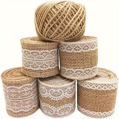 Burlap Lace Ribbon Roll 5pcs + Jute Twine 30 Yards Coarse Burlap for Wedding Decorations DIY Crafts Floral Arrangements Home Decor Gift Wrapping Rustic Party Decor Craft Supplies