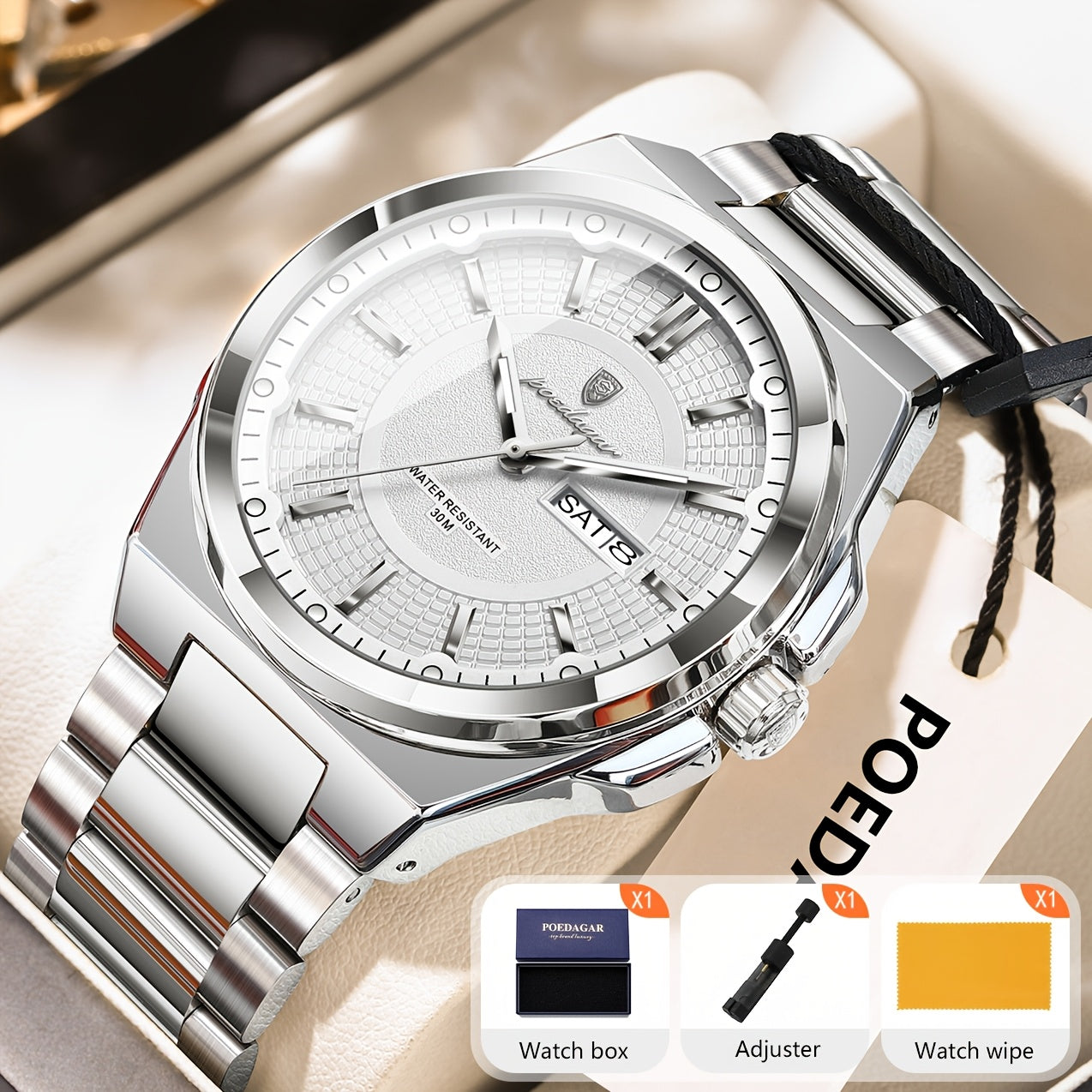 POEDAGAR Men's Quartz Watch Waterproof Luminous Stainless Steel Wristwatch with Weekly Calendar Display – Classic Elegant Design, Perfect Gift for Men, Multiple Color Options