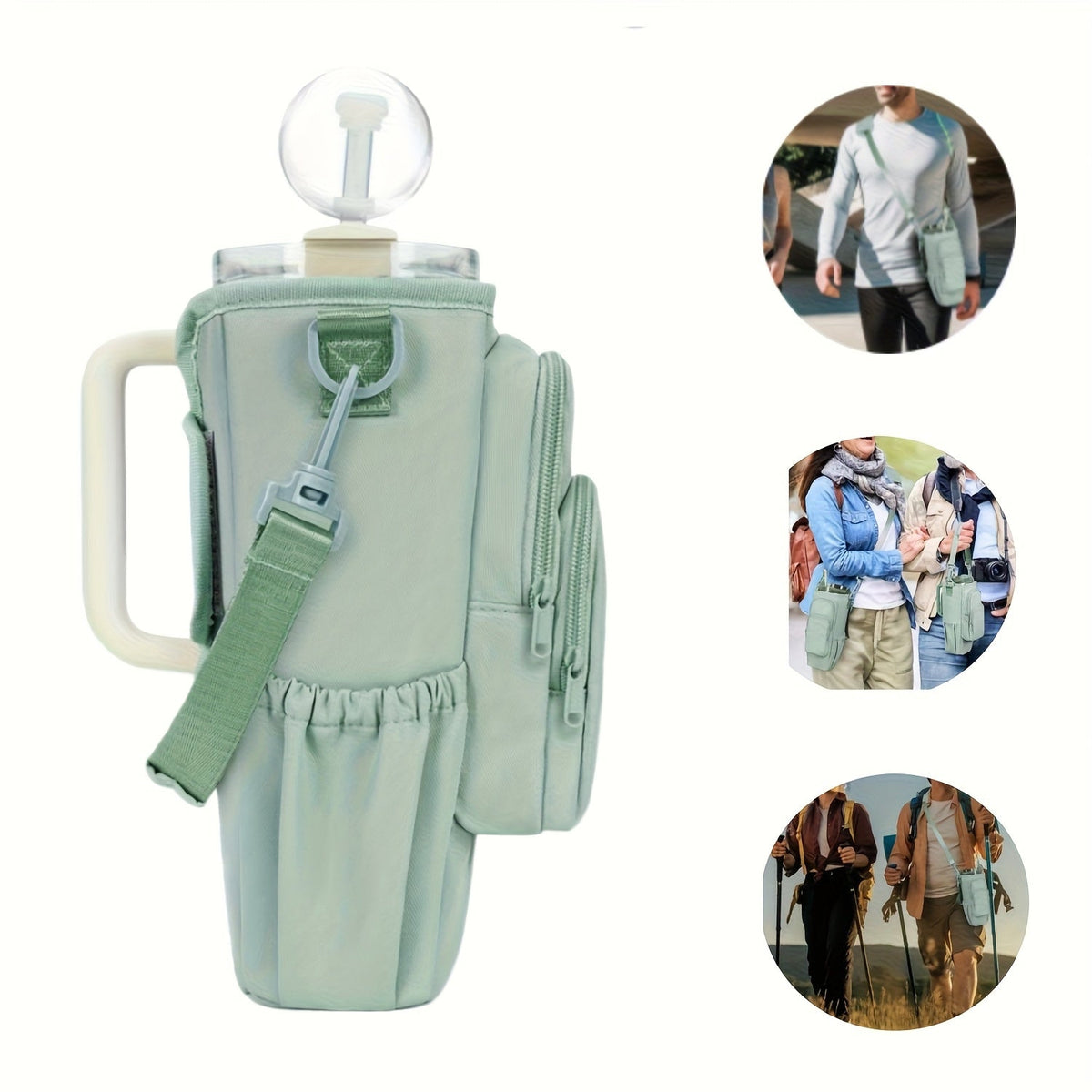 40oz Insulated Water Bottle Sling Bag with Straw Lid & Handle – Hands-Free Carrier with Phone Pocket Zippered Compartments Adjustable Strap for Dog Walking Gym Travel Outdoor Men Women