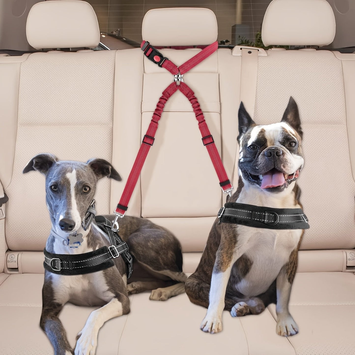 Dual Dog Car Seat Belt for 2 Dogs No-Tangle Headrest Restraint Adjustable Bungee Pet Safety Harness for Small Medium Large Dogs Car Travel