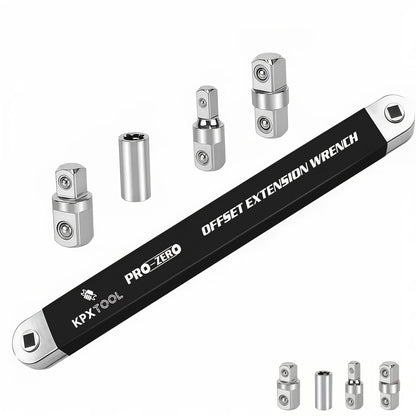 2-in-1 Ratchet Offset Extension Wrench 180° Swivel – 1/2", 1/4" & 3/8" Square Drive Adapters, High Torque Non-Slip Handle, Durable Metal for Automotive Repair, Tight Spaces & DIY Hand Tool Work