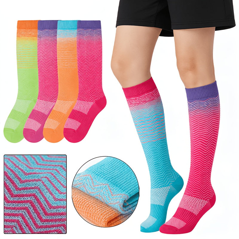 4 Pairs Women's Compression Socks Extra Wide Extra Long, Flower Pattern 80% Polyamide Stretchy Knit Socks for Pregnant Women Nurses Running Cycling Yoga Hiking Travel – All-Season