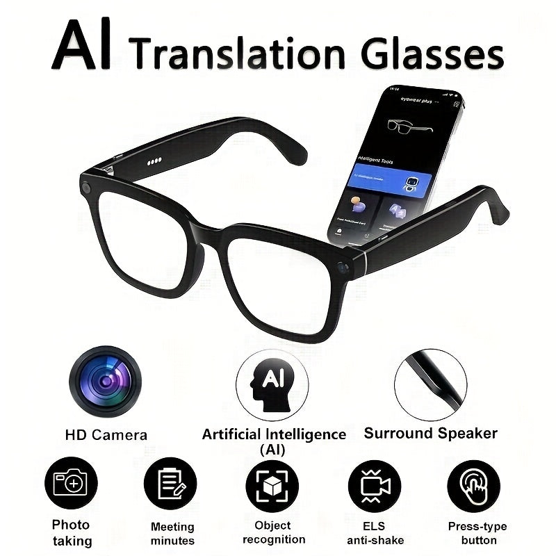 4K AI Smart Glasses with Camera – Real-Time Translation, Object Recognition, Open-Ear Audio, Touch Control, 8-Hour Battery, USB-C Charging, Ultra-Light for Outdoor, Work & Travel