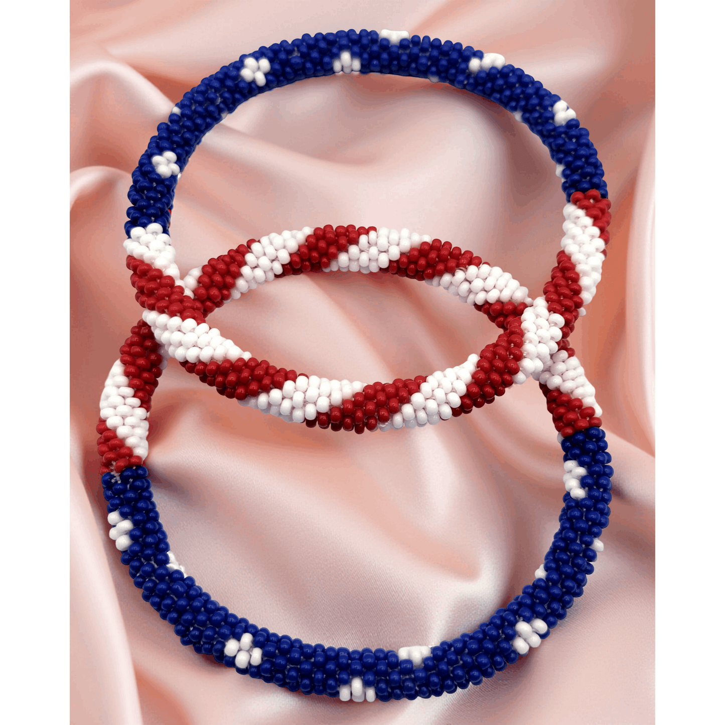 Set of 2 Handmade USA Flag Patriotic Glass Bead Bracelets – Boho Roll-On Crochet Bangles for Men & Women, Nepal Artisan Jewelry, Red White Blue Beaded Bracelet Set, 4th of July Gift