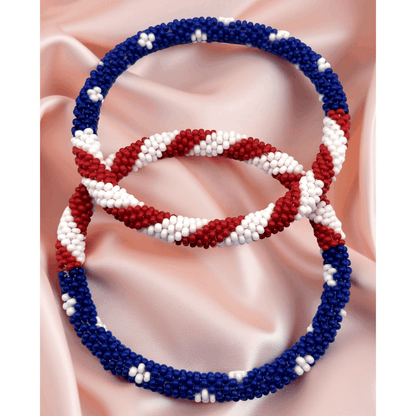 Set of 2 Handmade USA Flag Patriotic Glass Bead Bracelets – Boho Roll-On Crochet Bangles for Men & Women, Nepal Artisan Jewelry, Red White Blue Beaded Bracelet Set, 4th of July Gift