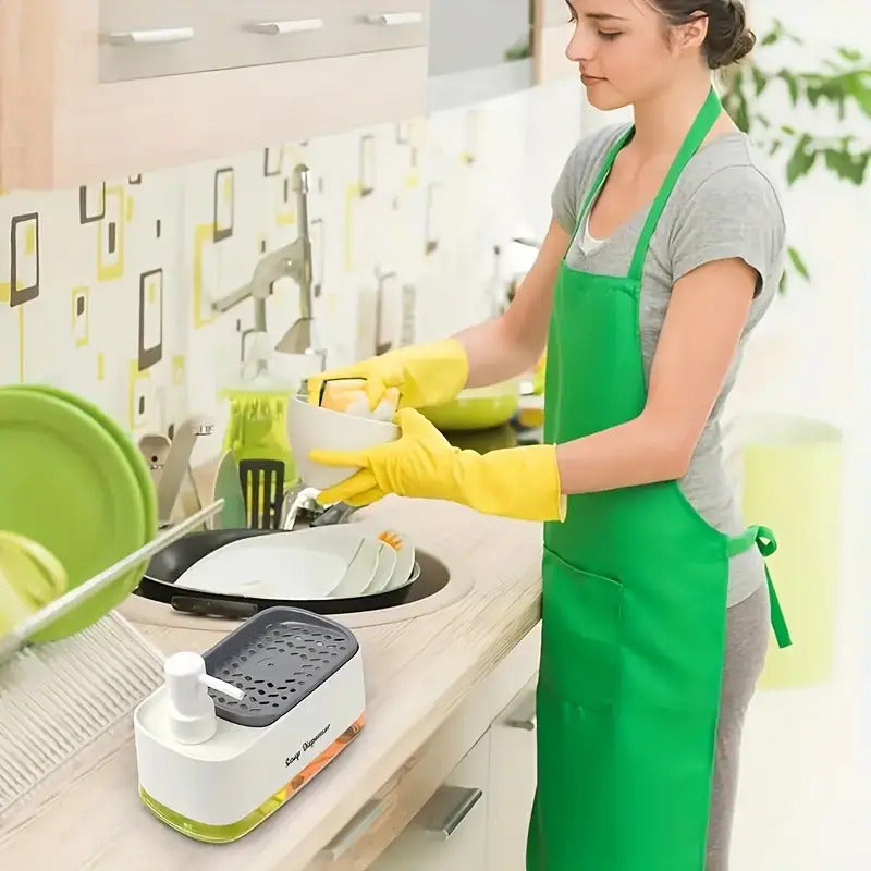 2-in-1 Soap Dispenser with Built-In Sponge Holder for Kitchen Sink – Countertop Pump Dispenser for Hand & Dish Soap, Detergent Dispenser, Easy Refill, Ideal Kitchen Organizer