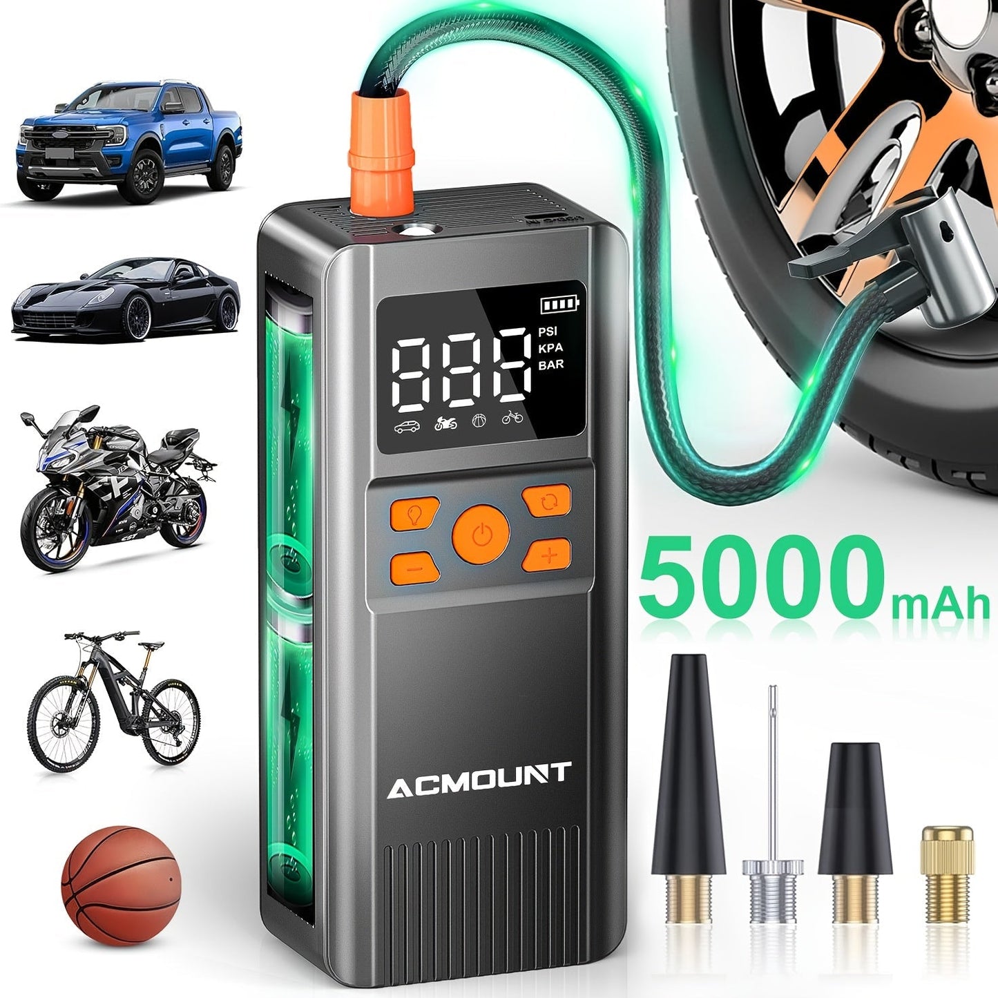 Portable Tire Inflator 150PSI Cordless with 5000mAh Battery, 4+ Inflation Modes, Auto-Stop & LED Light – Digital Gauge Air Compressor for Car, Motorcycle, Bicycle & Sports Balls – Velora