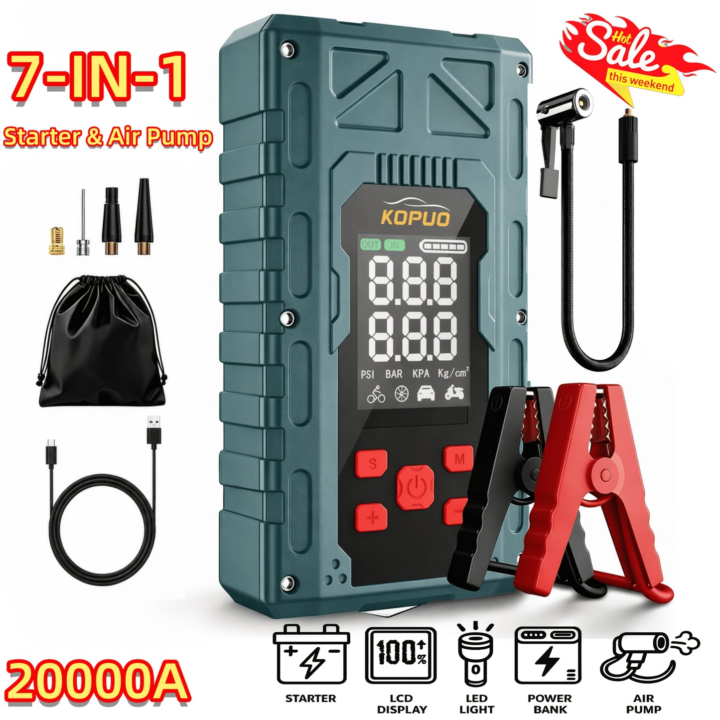 Portable Car Jump Starter with Air Compressor 20000A Peak 7-in-1 Battery Booster Pack with 150PSI Tire Inflator, Power Bank, LED Light & LCD Display – 12V Emergency Roadside Kit for Car SUV Truck