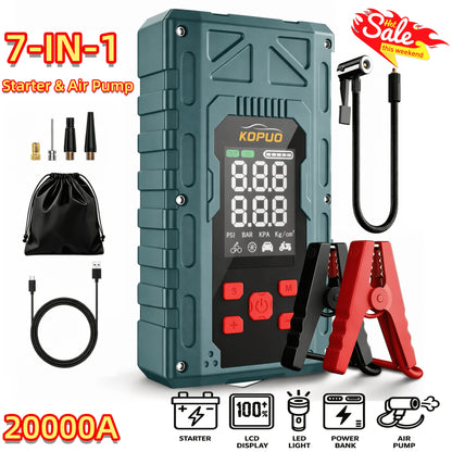 Portable Car Jump Starter with Air Compressor 20000A Peak 7-in-1 Battery Booster Pack with 150PSI Tire Inflator, Power Bank, LED Light & LCD Display – 12V Emergency Roadside Kit for Car SUV Truck