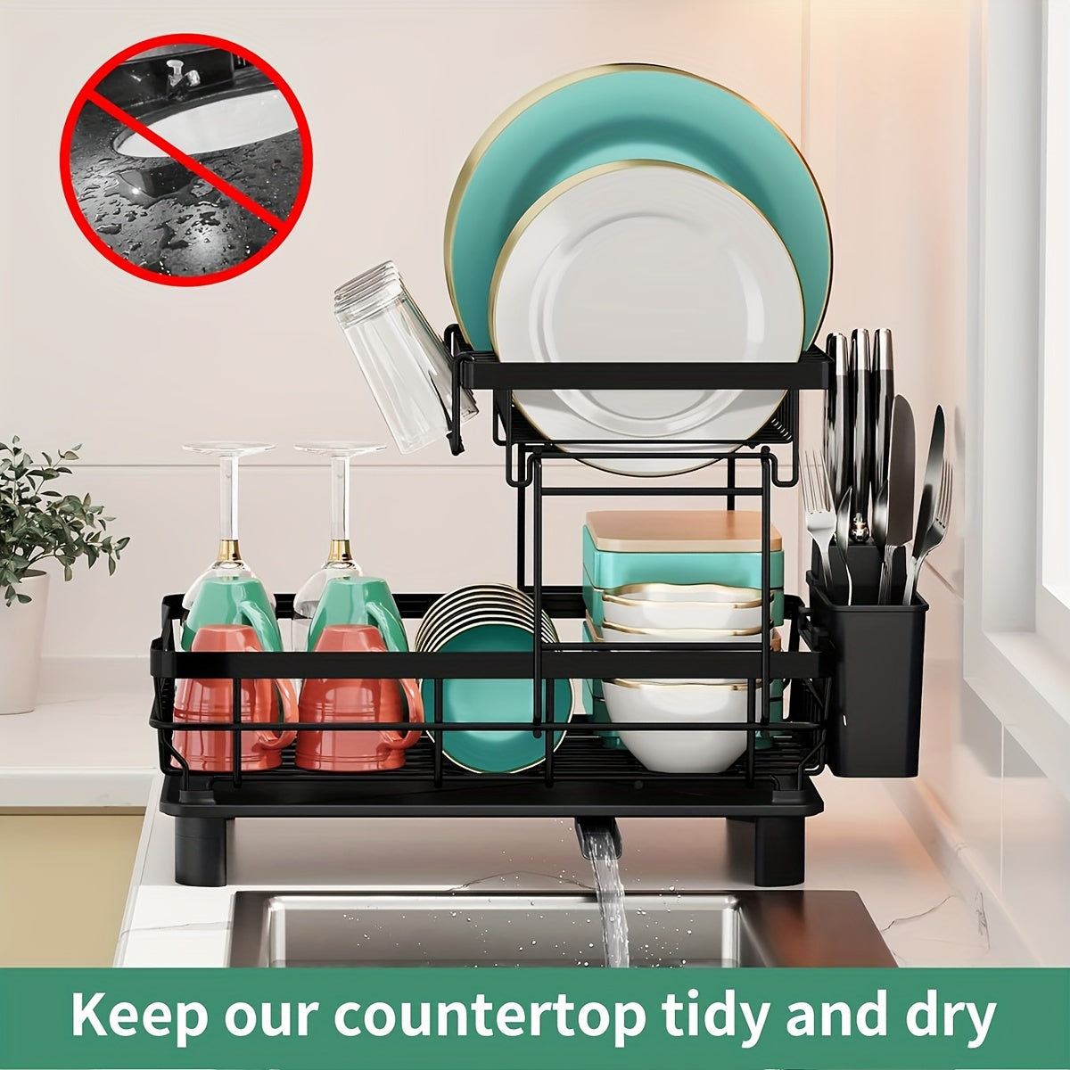 2-Tier Dish Drying Rack with Drainboard & Removable Utensil Holder – Large Capacity Dish Rack for Kitchen Counter, Sink-Side Drying Rack for Dishes, Cookware & Utensils – Space-Saving Design