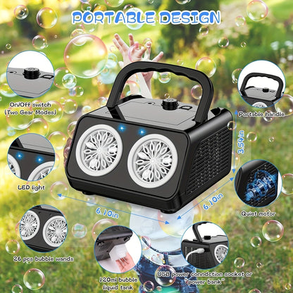 Automatic Bubble Machine Upgraded Thickened 2-Fan Design 20000 Plus Bubbles Per Minute Plugin or Battery Powered Portable Indoor Outdoor Bubble Blower for Birthday Party Wedding Kids White Black