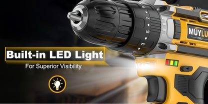 20V Cordless Drill Set with Battery & Fast Charger – Impact Power Drill, 45Nm Torque, 3/8" Keyless Chuck, 18+3 Clutch, 2-Speed, LED Work Light for Home & DIY