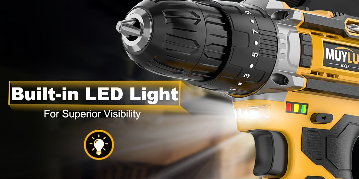 20V Cordless Drill Set with Battery & Fast Charger – Impact Power Drill, 45Nm Torque, 3/8" Keyless Chuck, 18+3 Clutch, 2-Speed, LED Work Light for Home & DIY