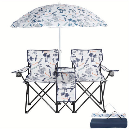 Folding Outdoor Fishing Chair with Sun Umbrella Iron Alloy Frame Oxford Fabric 187 Lb Capacity Portable Beach Patio Camping Chair with Storage Bag Red Black Grey Blue Coconut Pineapple Pattern
