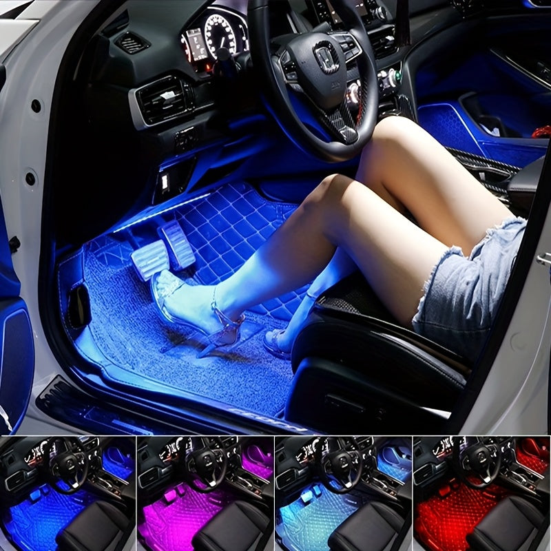 Music Sync LED Car Interior Lights – 4pcs USB Powered RGB Underfoot Ambient Lighting Kit with App & Remote Control, Colorful Atmosphere Lights for Car Truck SUV, No Battery Required